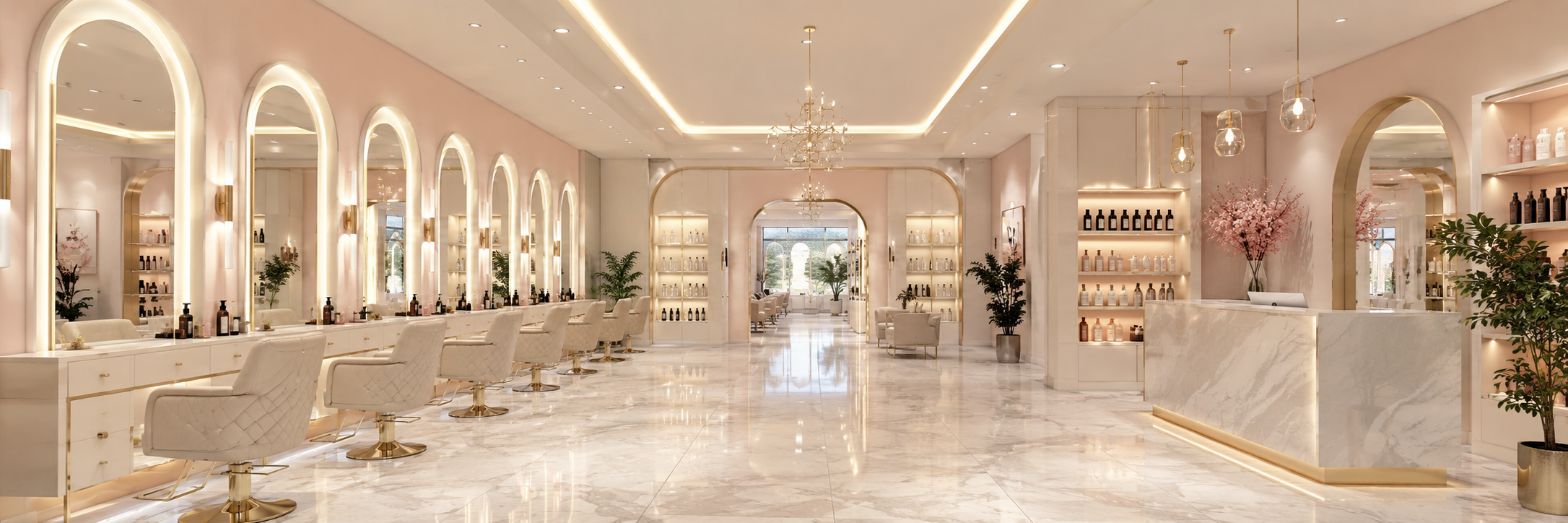Wide angle luxury salon interior